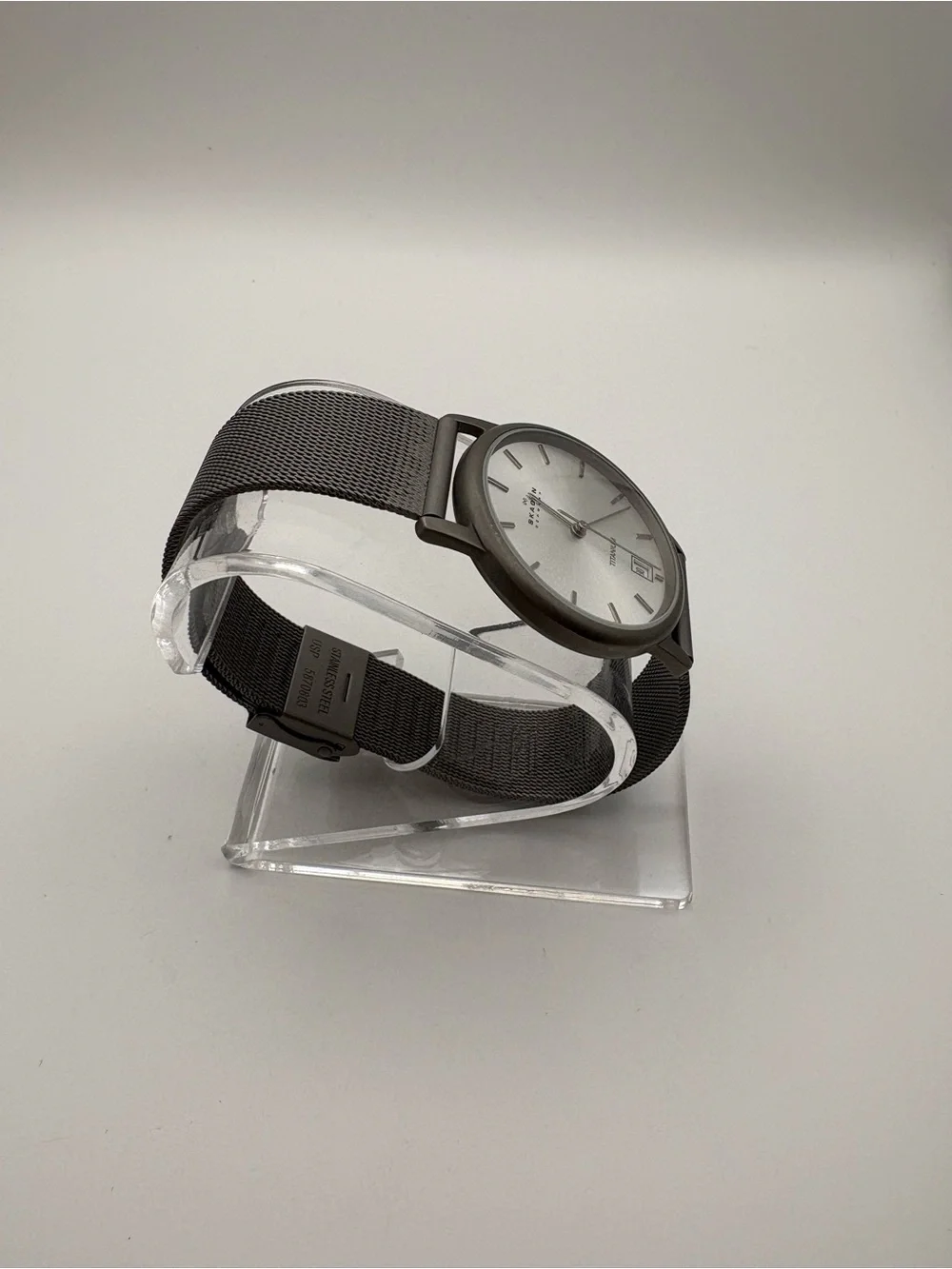 Skagen Titanium 170LTTM Watch Gray Stainless Steel Mesh Band Light Date Dial